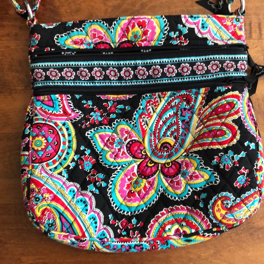 Vera Bradley bag black bright pink, red, turquoise, yellow paisley on black